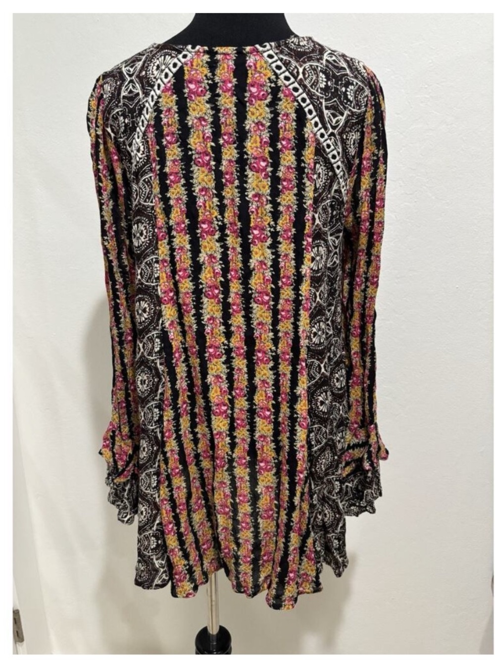 Free People Fallin Into You Tunic Dress  Black Combo Womens L Bell Sleeve Boho - Picture 7 of 14